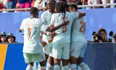 Les joueurs de l'équipe de France célèbrent lors de France-Maroc à la Coupe du monde, le 9 juillet 2026