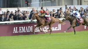 Le Japonais Orfevre et Solemia à la lutte dans le Prix de l'Arc de Triomphe 2012 à Longchamp
