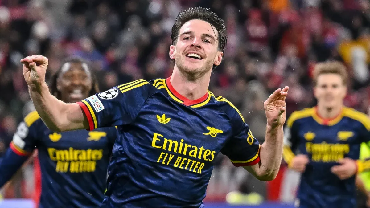 Declan Rice célèbre son but avec Arsenal à Munich en Ligue des champions, octobre 2026