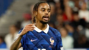 Bradley Barcola sous le maillot de l'équipe de France face à la Belgique au Stade de France, octobre 2026