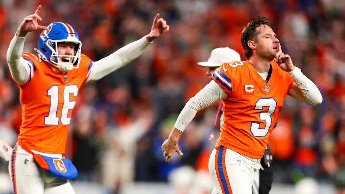 Wil Lutz célèbre son field goal victorieux avec les Denver Broncos face aux Seattle Seahawks, octobre 2026