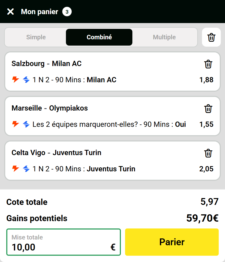 Panier Unibet du combiné audacieux du 15 octobre 2026 : Milan, les deux équipes marquent à l'OM et Juventus, cote totale 5,97