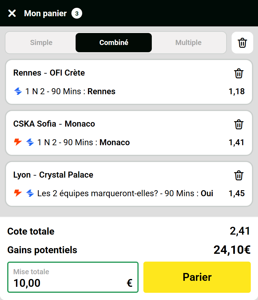 Panier Unibet du combiné prudent du 15 octobre 2026 : Rennes, Monaco et les deux équipes marquent à Lyon, cote totale 2,41