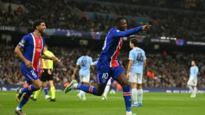 Ousmane Dembélé célèbre son but avec le PSG face à Manchester City en Ligue des champions, octobre 2026