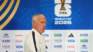 Didier Deschamps en conférence de presse de l'équipe de France pendant la Coupe du monde 2026