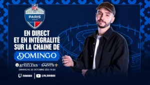 Le streameur Domingo sur le visuel annonçant sa diffusion du NFL Paris Game, octobre 2026
