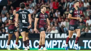 Antoine Dupont et Romain Ntamack sous le maillot du Stade Toulousain face à Montpellier en Top 14, septembre 2026