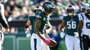 DeVonta Smith sous le maillot des Eagles face aux Carolina Panthers au Lincoln Financial Field, octobre 2026