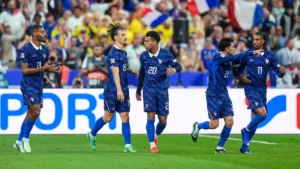 Les joueurs de l'équipe de France fêtent un but face à la Belgique en Ligue des nations au Stade de France, octobre 2026