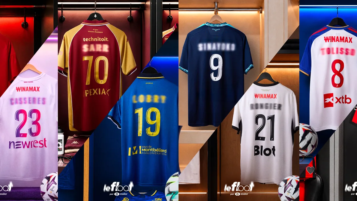 Maillots de Ligue 1 et de Ligue 2 aux noms floutés, visuel officiel de la campagne Le Floot, octobre 2026