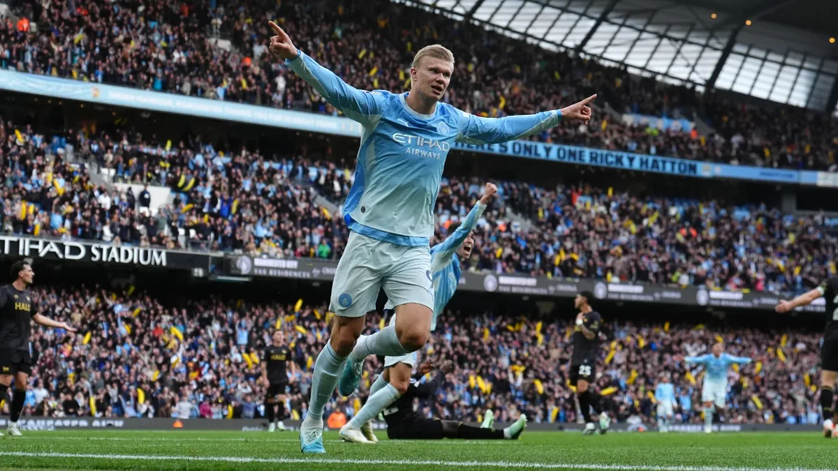 Erling Haaland célèbre un but avec Manchester City face à Ipswich Town à l'Etihad Stadium, octobre 2026