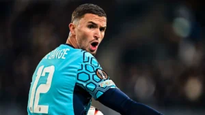Le gardien de l'OM Jeffrey de Lange lors de la défaite à Sturm Graz en Ligue Europa, octobre 2026