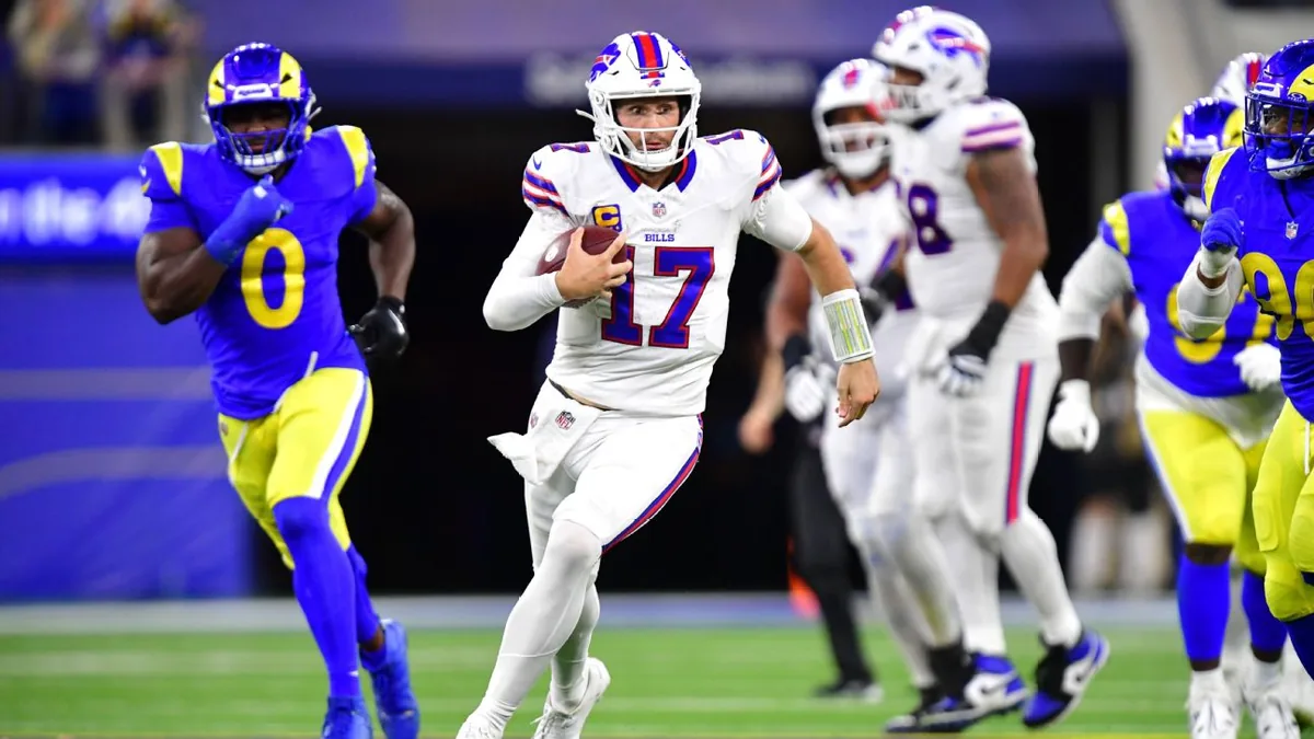 Josh Allen balle en main sous le maillot des Buffalo Bills face aux Los Angeles Rams, octobre 2026