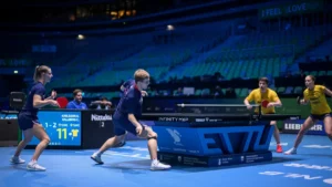 Charlotte Lutz et Alexis Lebrun en demi-finale du double mixte de l'Euro de tennis de table à Ljubljana, octobre 2026
