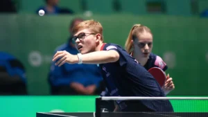 Alexis Lebrun et Charlotte Lutz en double mixte aux Championnats d'Europe de tennis de table à Ljubljana, octobre 2026