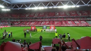 Les joueurs alignés avant le premier match du LOSC au stade Pierre-Mauroy, devant des tribunes pleines, en août 2012