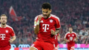 Luis Díaz célèbre un but sous le maillot du Bayern Munich à l'Allianz Arena, octobre 2026