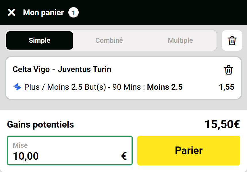 Panier Unibet du pronostic Celta Vigo-Juventus du 15 octobre 2026 : moins de 2,5 buts, cote 1,55