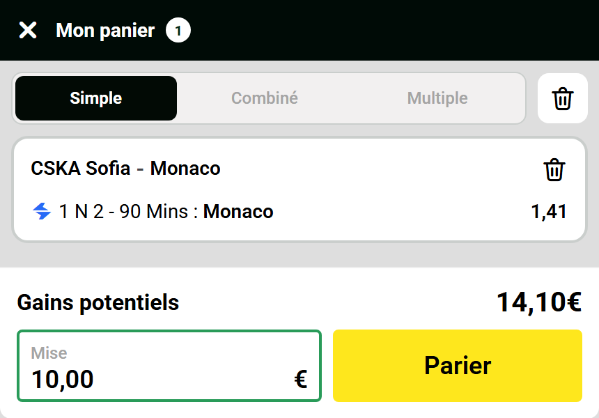 Panier Unibet du pronostic CSKA Sofia-Monaco du 15 octobre 2026 : victoire de Monaco, cote 1,41