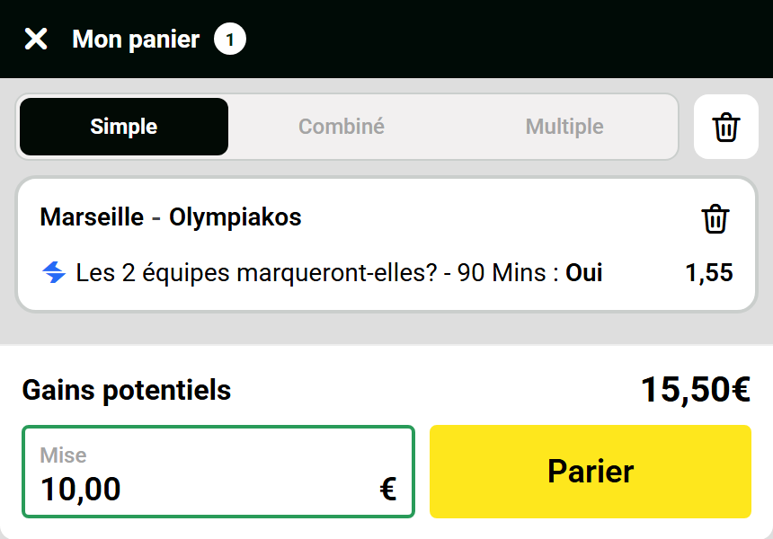 Panier Unibet du pronostic OM-Olympiakos du 15 octobre 2026 : les deux équipes marquent, cote 1,55