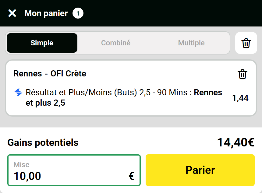 Panier Unibet du pronostic Rennes-OFI Crète du 15 octobre 2026 : victoire de Rennes et plus de 2,5 buts, cote 1,44