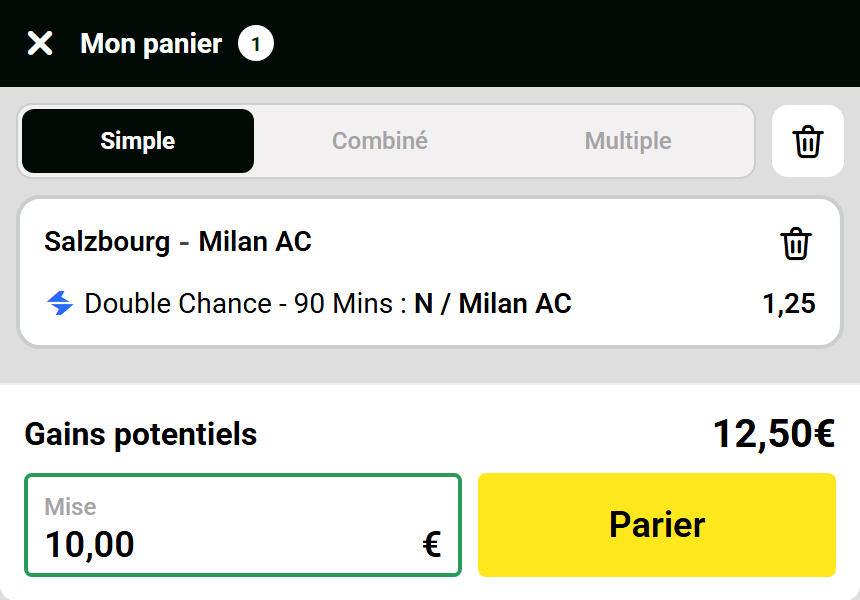 Panier Unibet du pronostic Salzbourg-AC Milan du 15 octobre 2026 : match nul ou victoire de Milan, cote 1,25