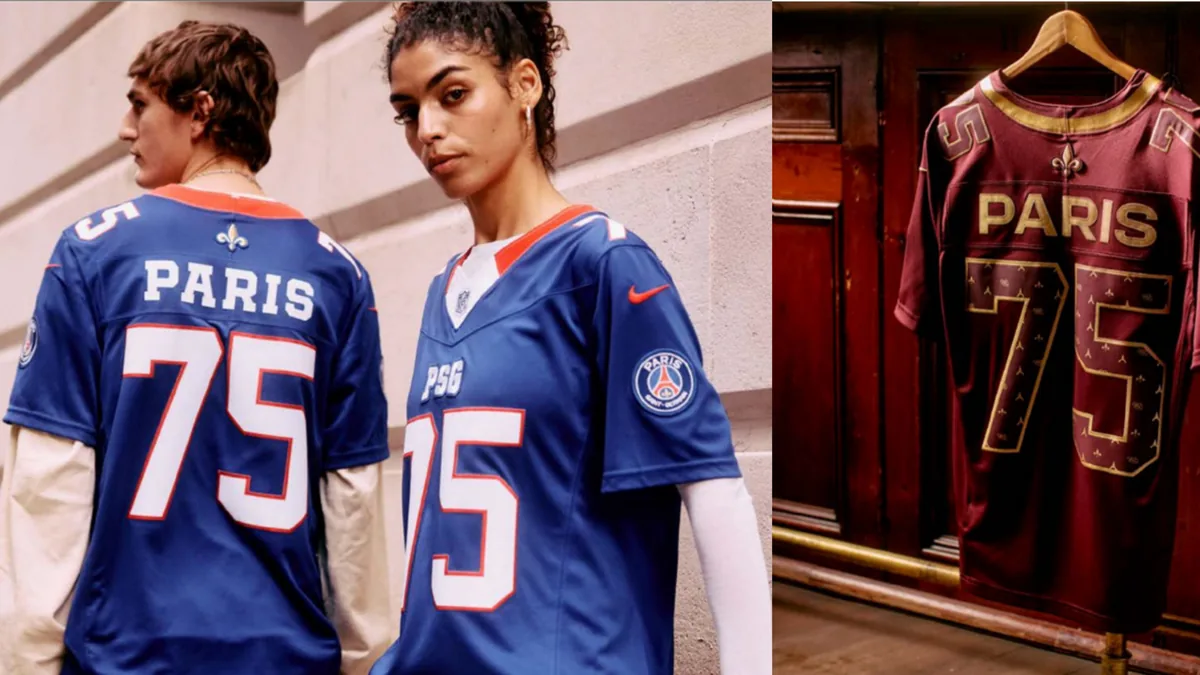 Les maillots PSG NFL Red & Blue et Monogramme floqués Paris 75, visuel officiel du club, octobre 2026