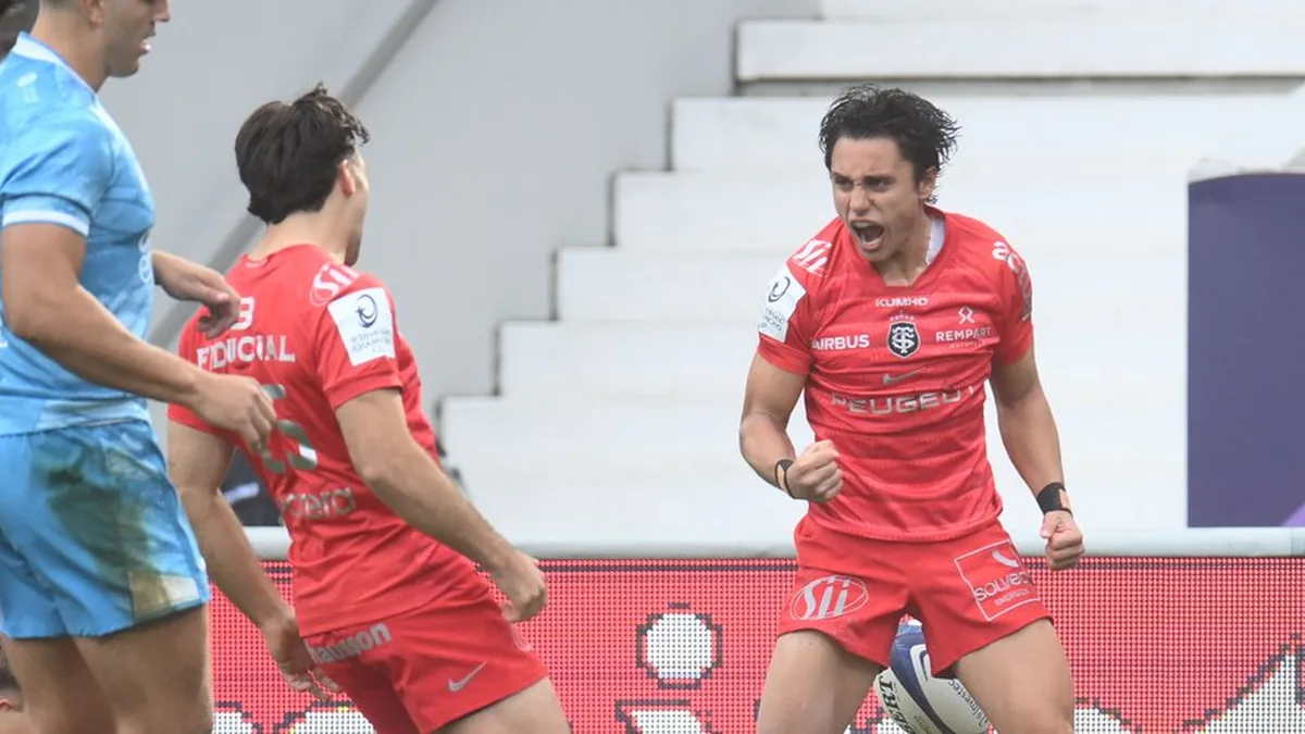 Joueurs du Stade Toulousain célébrant un essai face à Exeter au Stadium en Champions Cup, octobre 2026