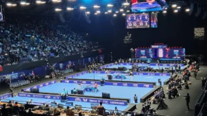 Matchs en cours aux championnats du monde par équipes de tennis de table à Londres, le 3 mai 2026