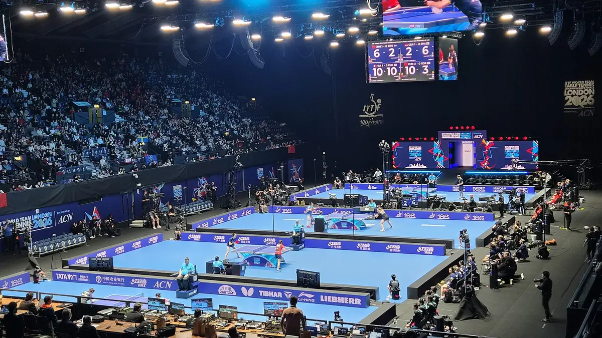 Matchs en cours aux championnats du monde par équipes de tennis de table à Londres, le 3 mai 2026