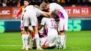 Les joueurs du Toulouse FC fêtent un but au stade Marie-Marvingt face au Mans, octobre 2026