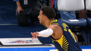 Tyrese Haliburton sous le maillot des Pacers face au Thunder au Paycom Center, octobre 2026