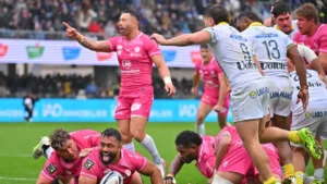 Les joueurs de Vannes fêtent un essai face à Clermont à la Rabine en Top 14, octobre 2026