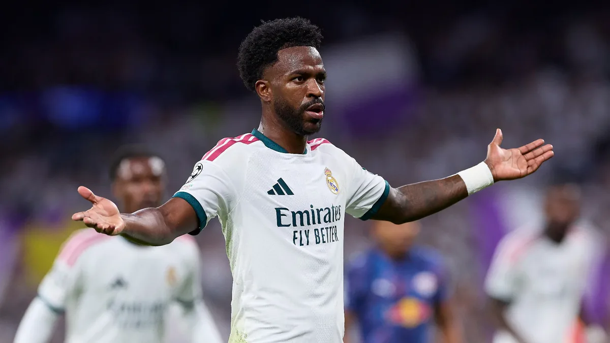 Vinicius sous le maillot du Real Madrid face au RB Leipzig en Ligue des champions, le 21 octobre 2026